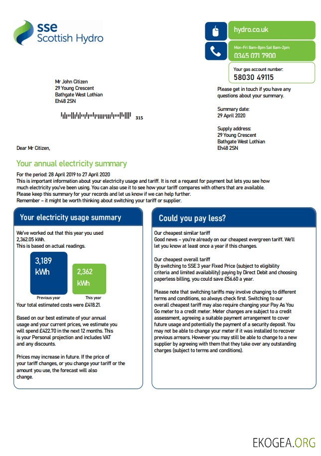 United Kingdom SSE Energy utility bill template in Word and PDF format, version 2